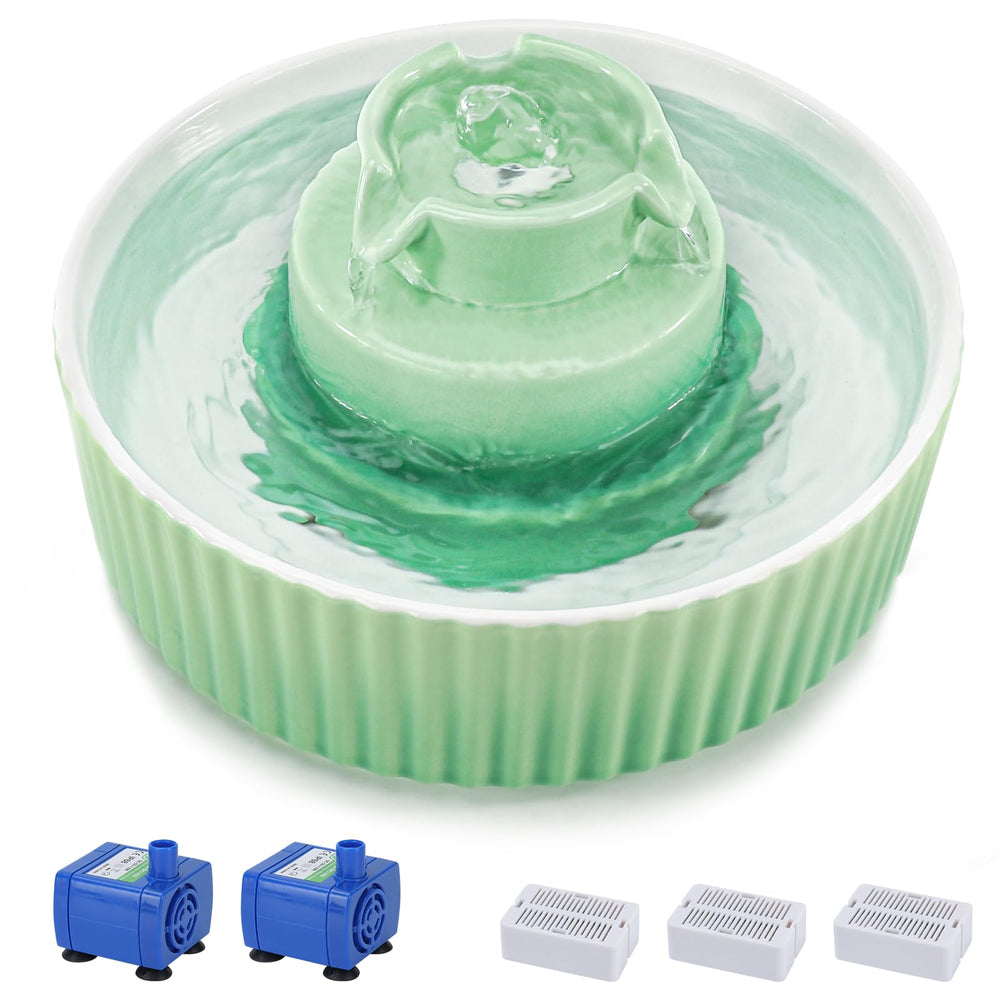Lawfery ceramic cat water fountain green front view showing stable design