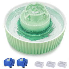 Lawfery ceramic cat water fountain green front view showing stable design