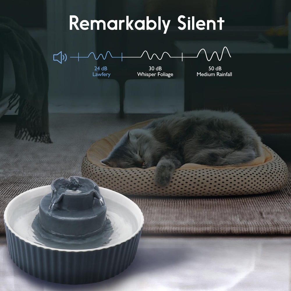 Lawfery ceramic cat water fountain side view shows spill-resistant, durable design