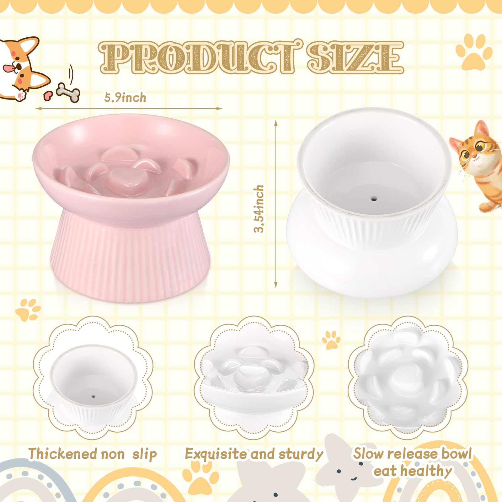 Layhit ceramic elevated cat bowls side view showing sturdy anti-slip base reduces spills.