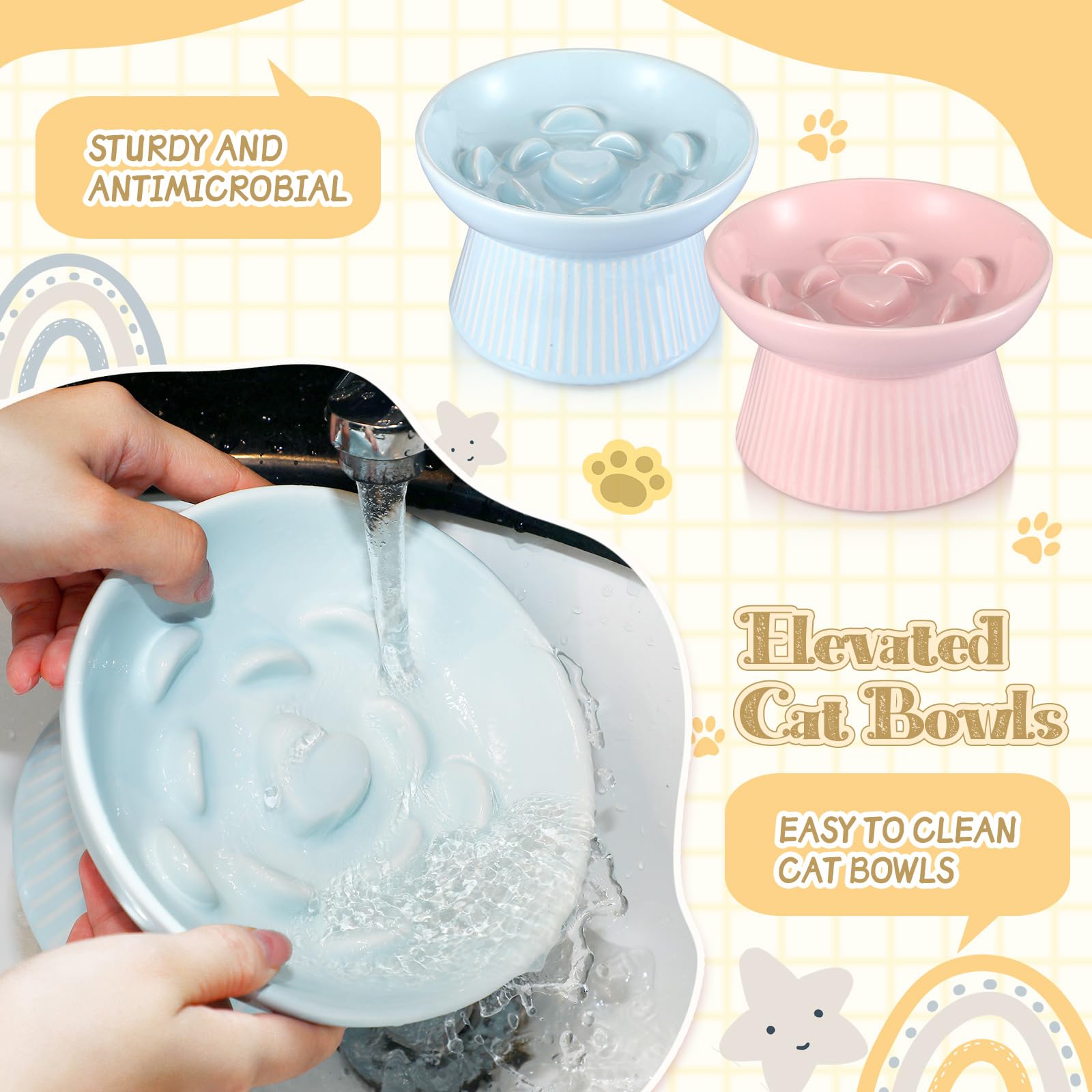 Layhit raised cat bowl closeup with blue-pink coloration