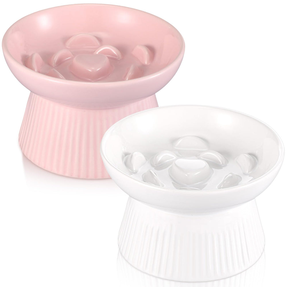 Layhit raised slow feeder cat bowls pink and white viewed from top for easy meals.