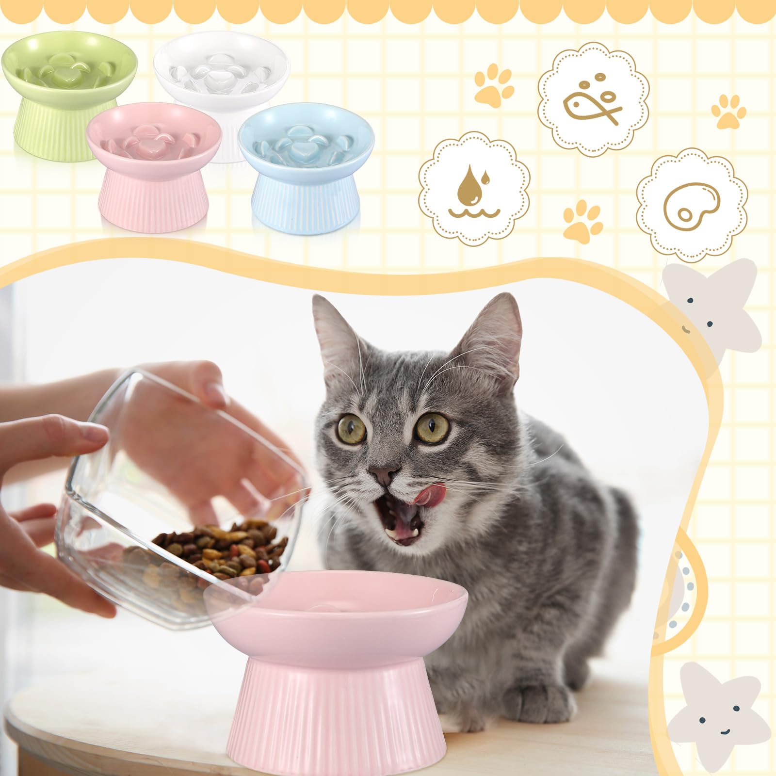 Layhit two-pack ceramic cat bowls displayed on a stylish dining setup.