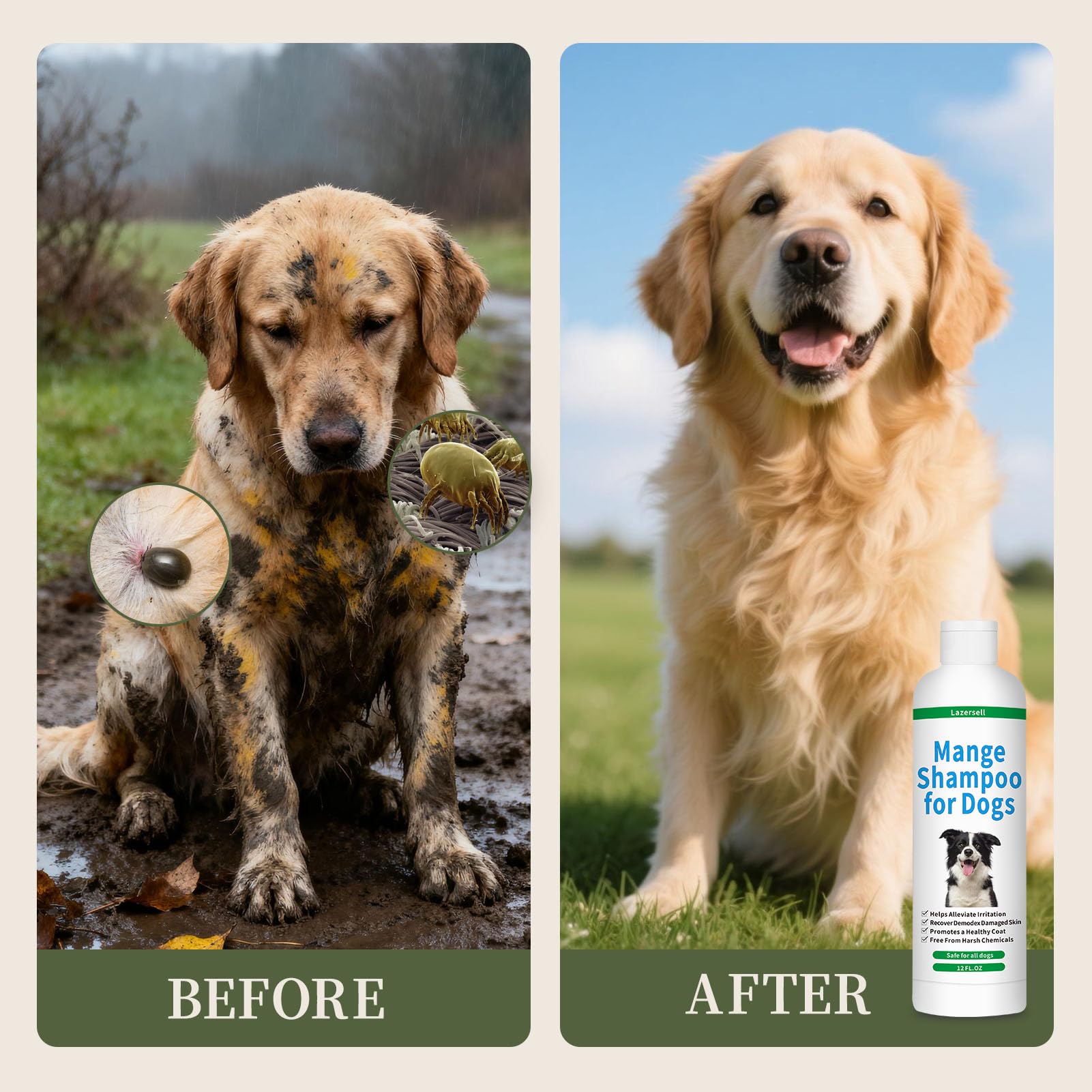 Lazersell shampoo being applied for gentle cleansing on coat.