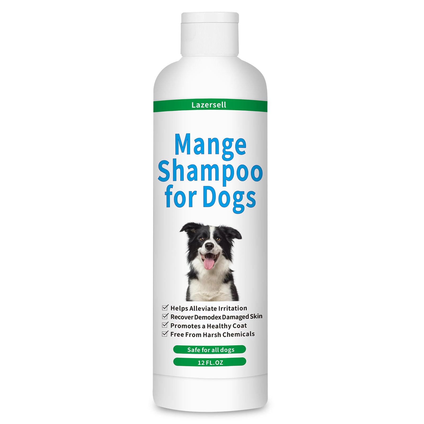Lazersell Mange Shampoo bottle soothes itchy dog skin.