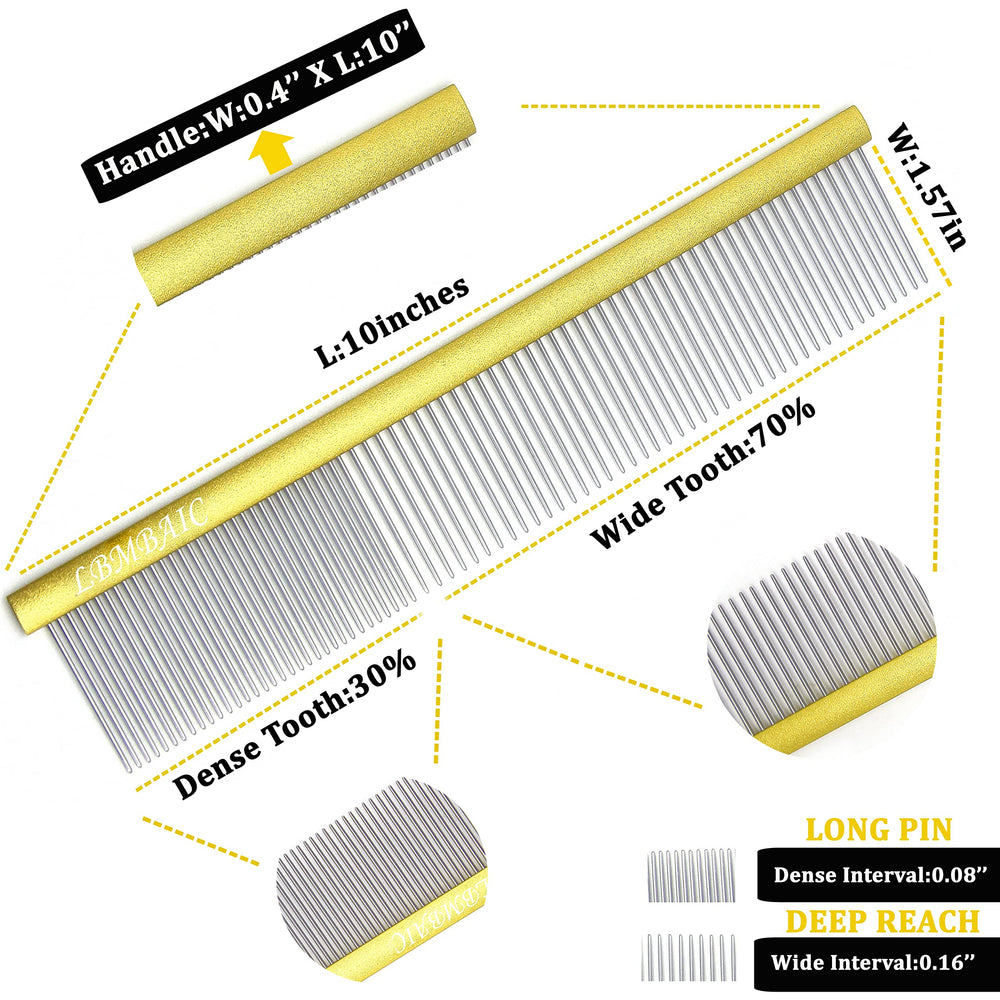 LBMBAIC metal dog comb wide tooth helps detangle and reduce mats on long-haired dogs.