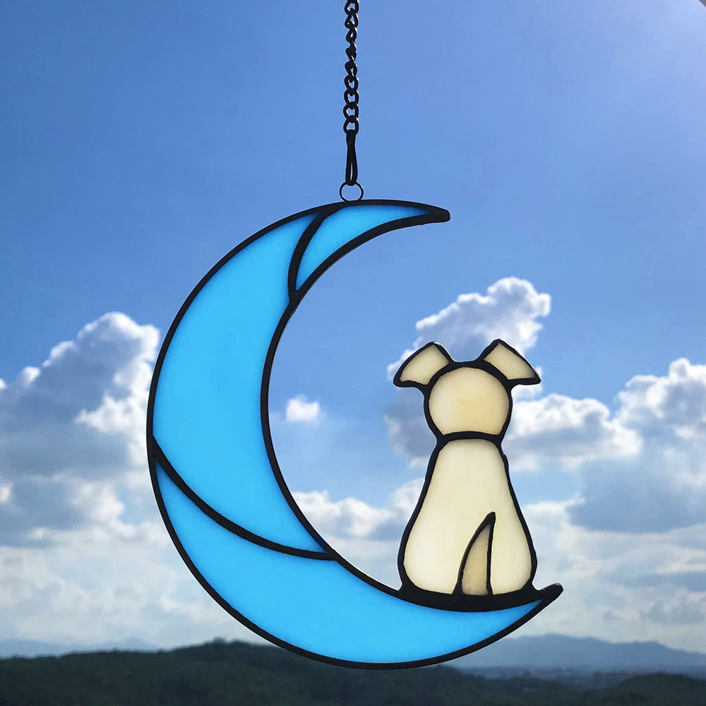 Lcensp stained glass dog memorial blue moon window hanging catches sunlight brilliantly