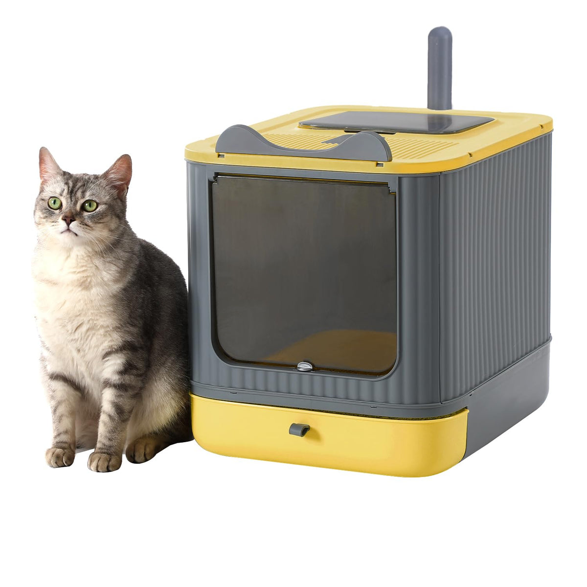 LCZLBRRD upgraded fully-enclosed cat litter box front view highlights the lid for mess containment.