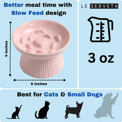 Le Serveta ceramic slow feeder cat bowl pink elevated view highlights neck-friendly feeding position.