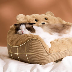 LE SURE cat bed almond color close-up with velvety faux fur for gentle snuggling.