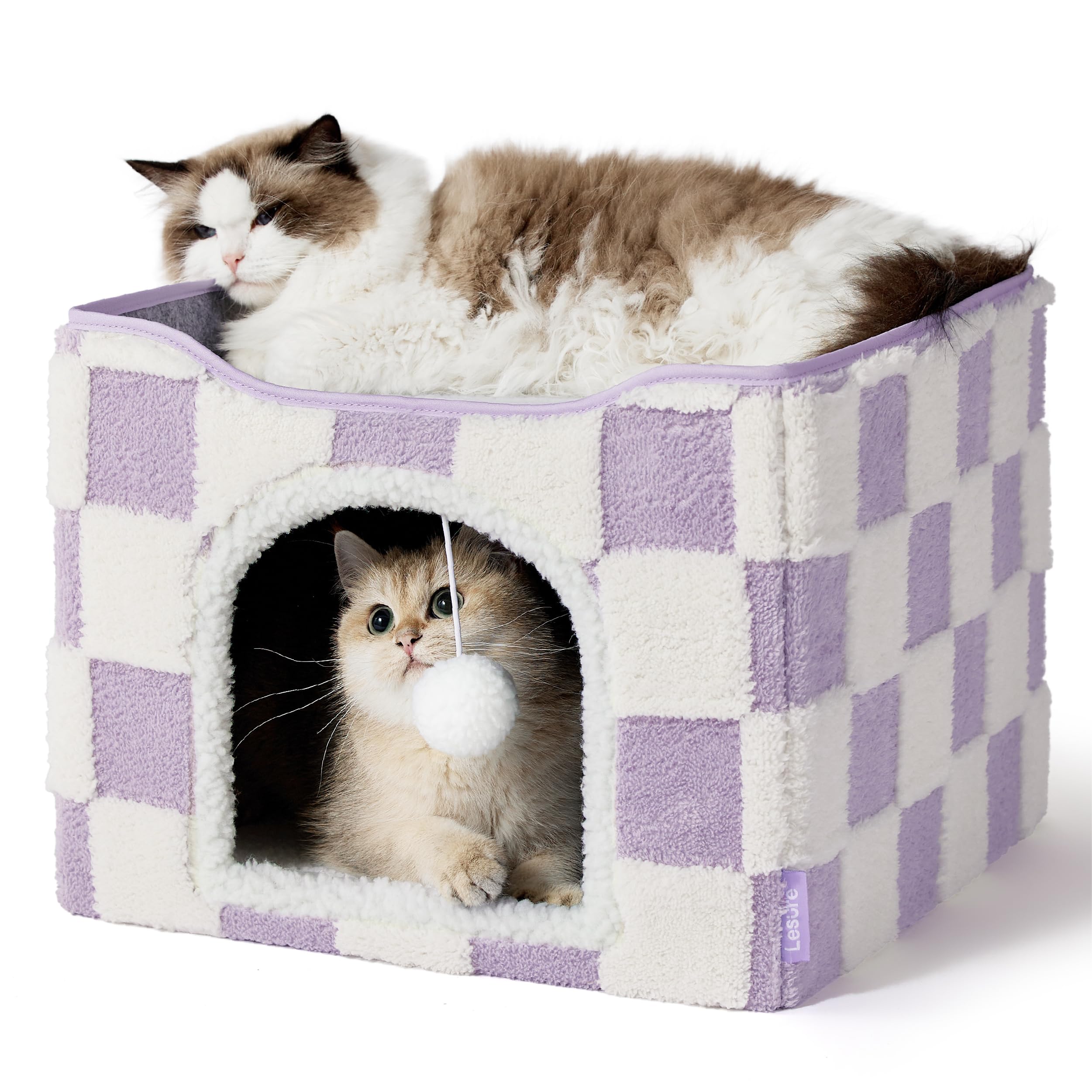LE SURE cat house front view in lavender checks showing cozy den for naps and lookout