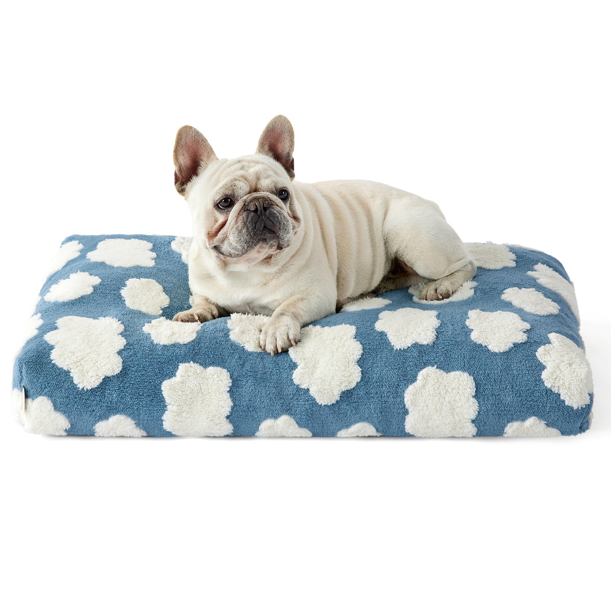 LE SURE dog bed blue cover closeup shows soft, easy-care fabric.