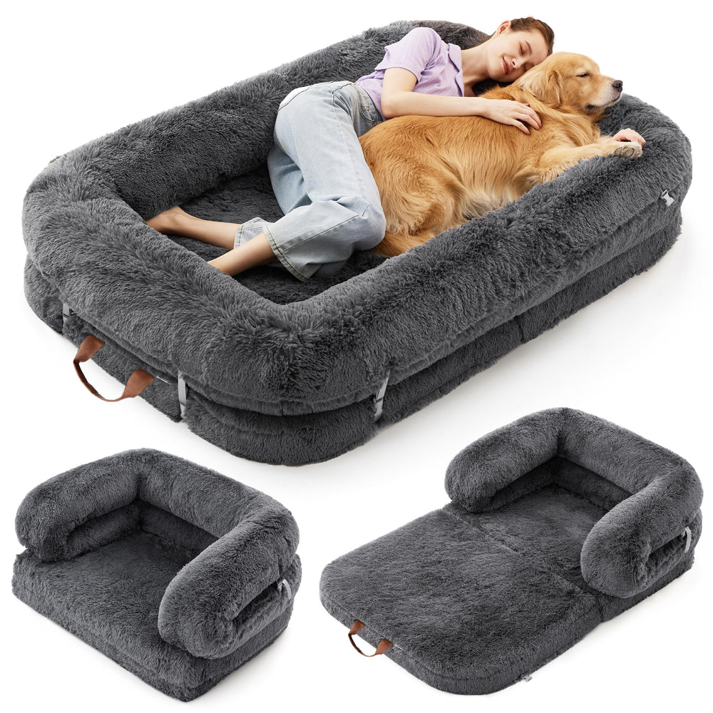 LE SURE foldable human dog bed in charcoal shows 3-in-1 lounging and cuddling versatility