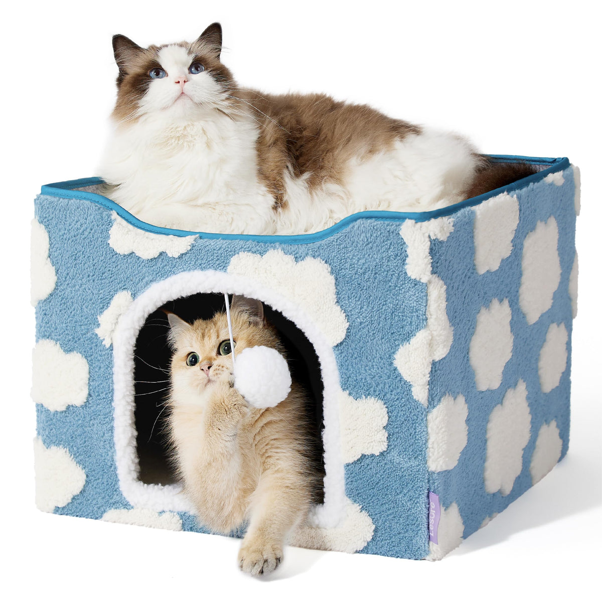LE SURE Indoor Cat Beds Kitten House blue exterior view highlights private den and relaxing window lounge.
