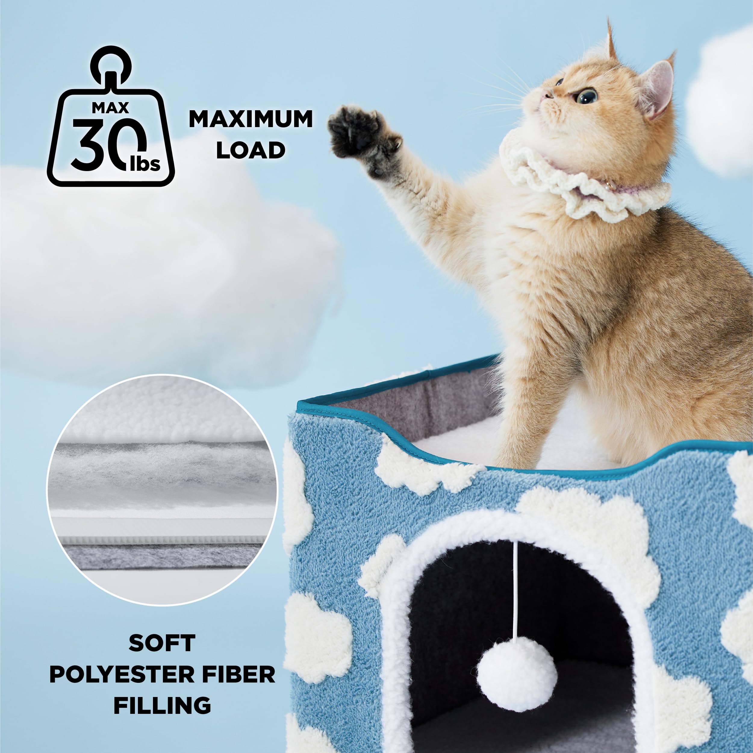 LE SURE Upper platform of the blue kitten house offers roomy stretch space for lounging.
