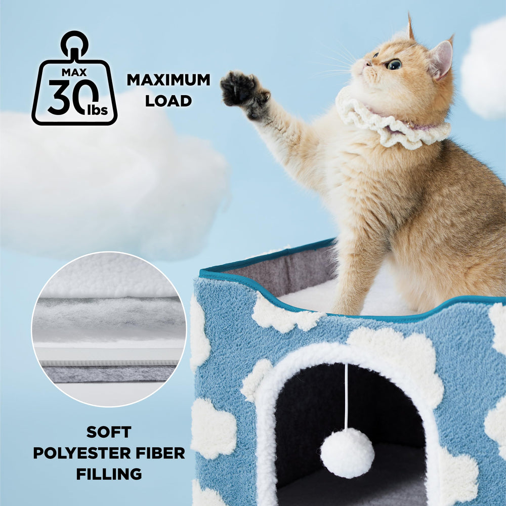 LE SURE Upper platform of the blue kitten house offers roomy stretch space for lounging.