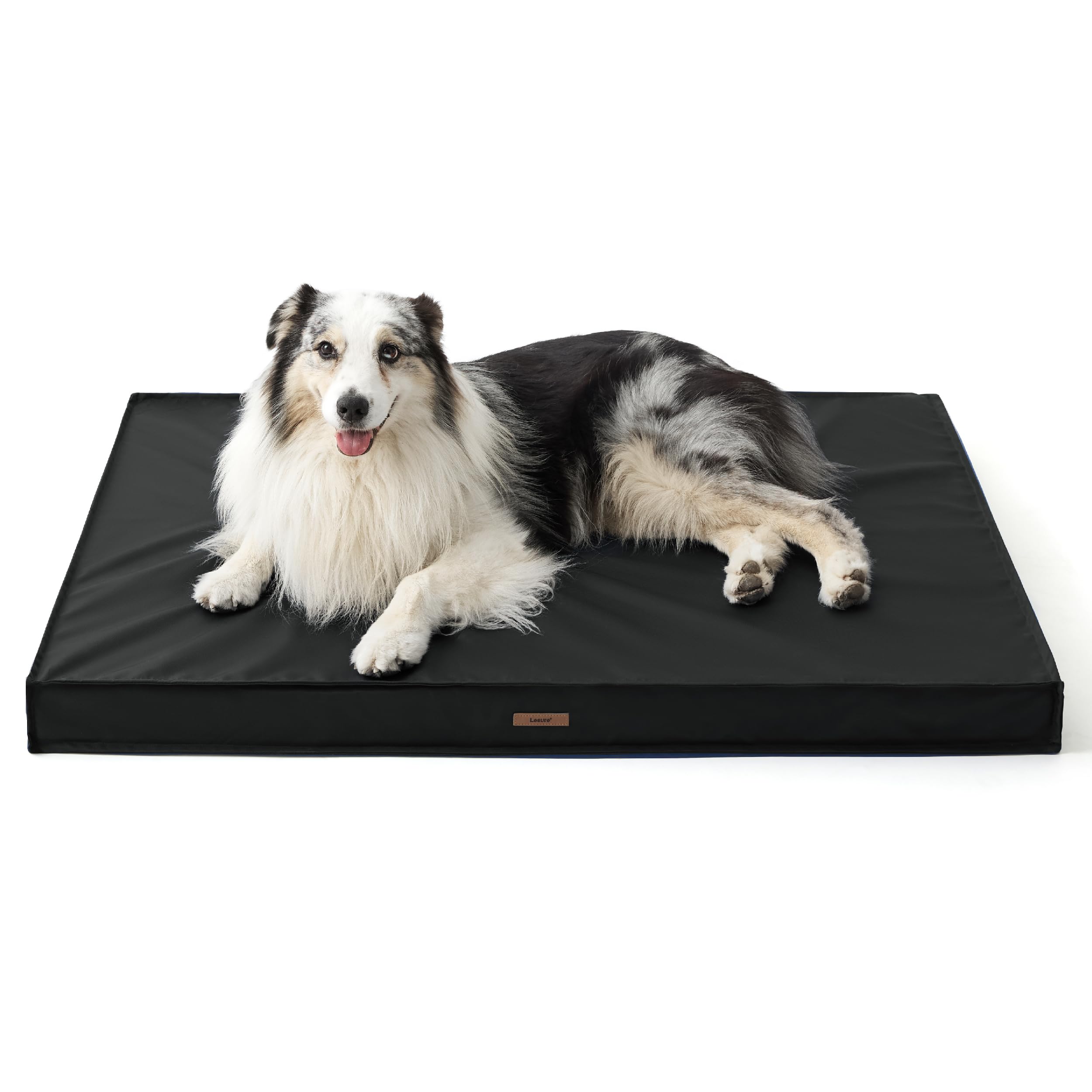 LE SURE outdoor dog bed black cover close-up shows durable weather-ready fabric