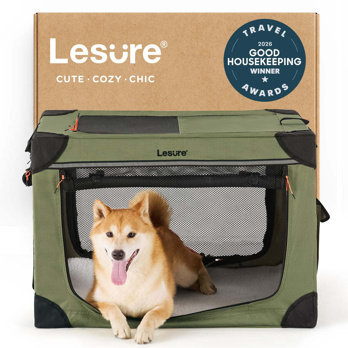 LE SURE dog crate folded for travel convenience and compact storage.