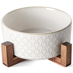LE TAUCI ceramic dog bowls with fireworks pattern on arctic white ceramic and acacia stand for stylish mealtime