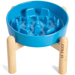 LE TAUCI ceramic slow-feed bowl blue front view highlights stable elevation for small breeds