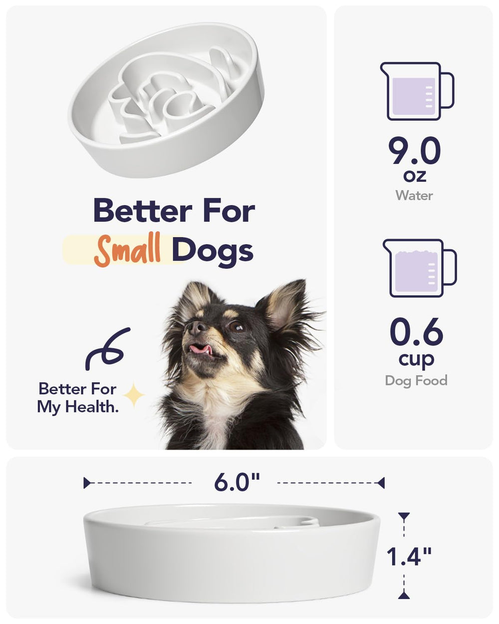 LE TAUCI ceramic slow feeder bowl angle white easy-to-clean surface after meals.