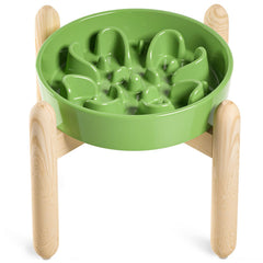 LE TAUCI ceramic slow-feeder bowl elevated on wooden stand promotes calmer meals