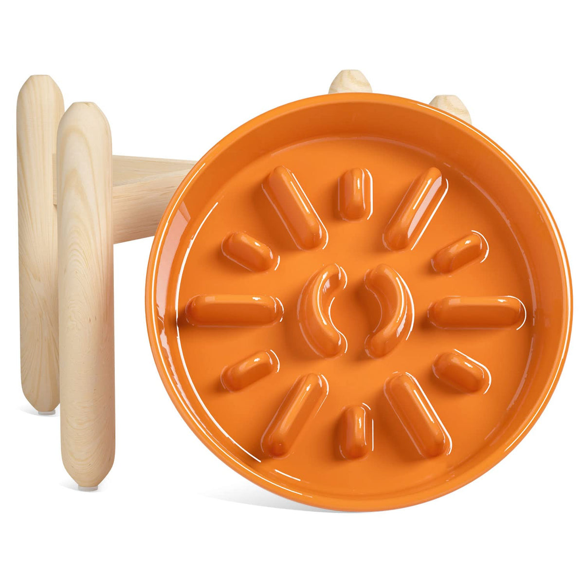 LE TAUCI ceramic slow-feeder bowl sun orange with wooden stand slows eating during meals.