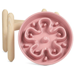 LE TAUCI ceramic slow feeder bowl with wooden stand, pink bloom design, slower eating