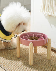 LE TAUCI elevated ceramic bowl on wood stand for comfortable dining height