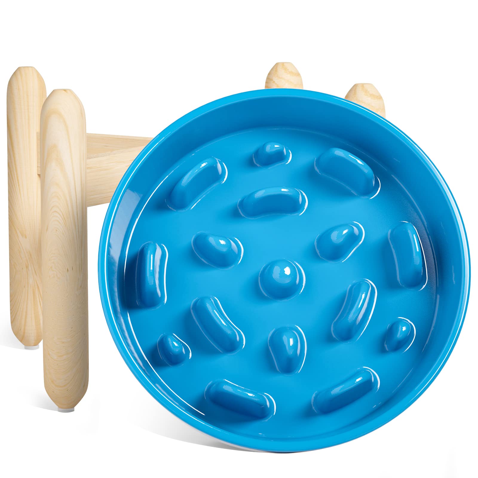 LE TAUCI ceramic slow-feeder on an elevated wooden stand in blue promotes slower meals.