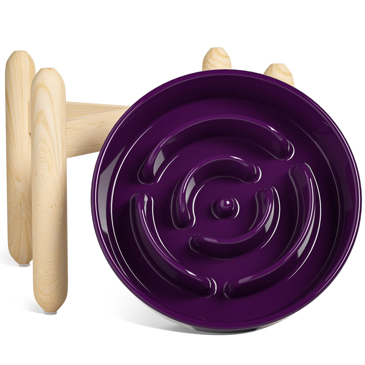 LE TAUCI ceramic slow feeder with wooden stand supports mindful eating for maze purple design