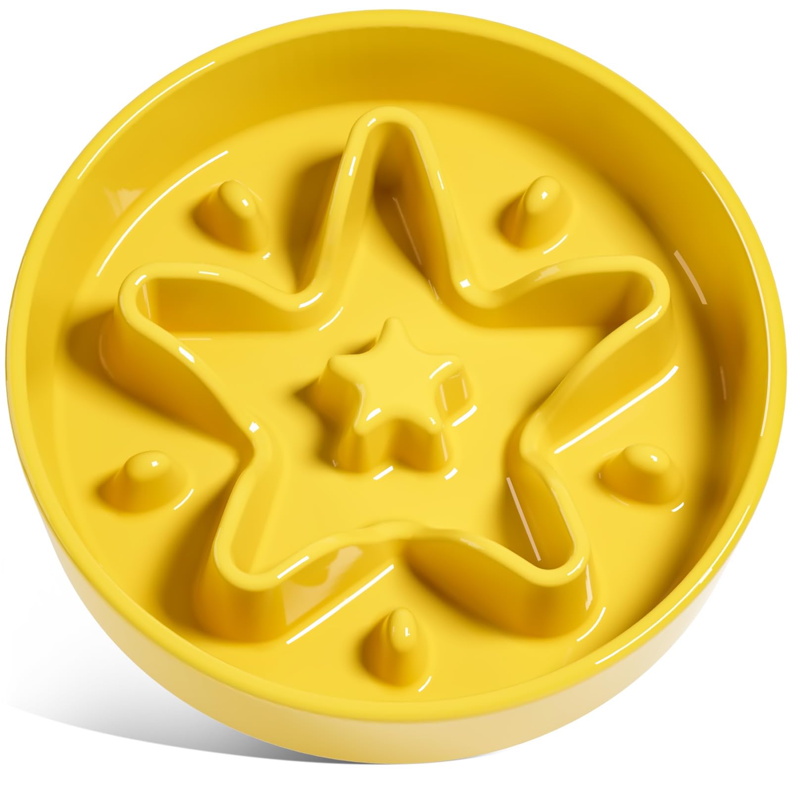 LE TAUCI ceramic slow feeder star yellow front view helps slow eaters in small dogs.