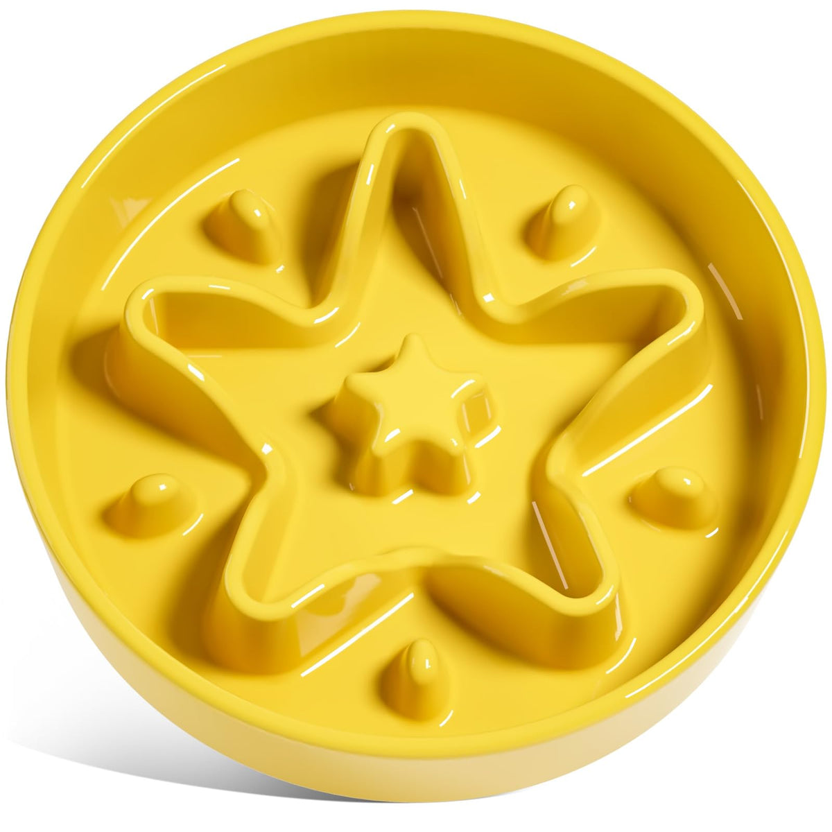 LE TAUCI ceramic slow feeder star yellow front view helps slow eaters in small dogs.