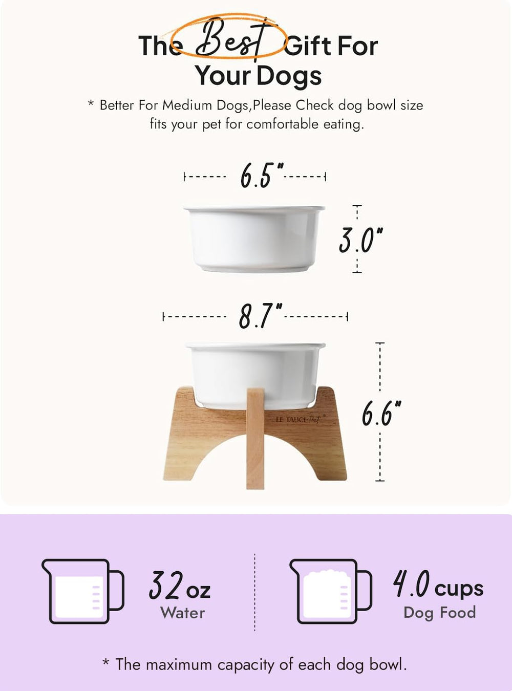 LE TAUCI PET ceramic dog bowl close-up highlighting microwave-safe glaze and easy cleaning.