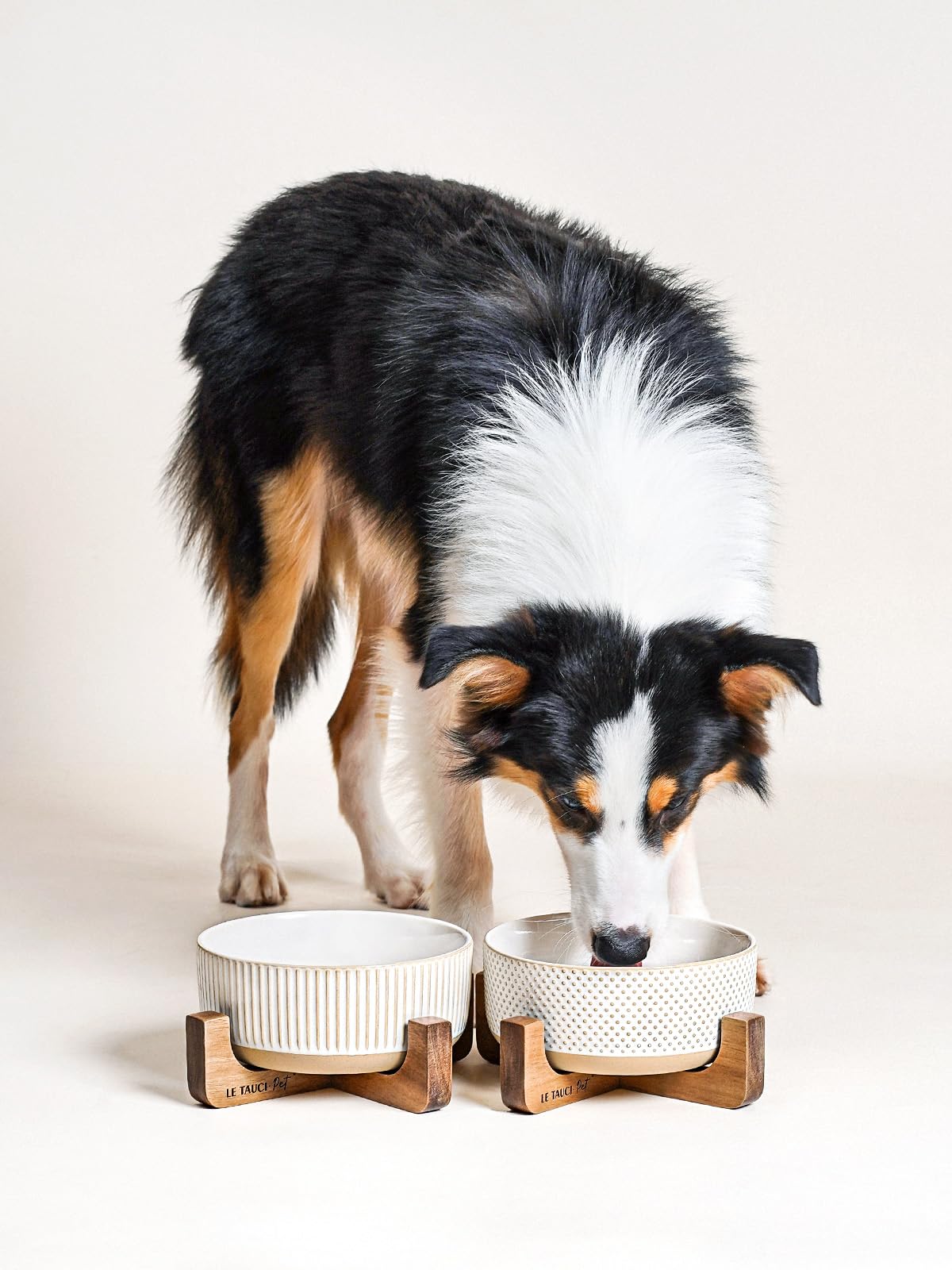 LE TAUCI PET ceramic dog bowls with wood stand front view highlighting farmhouse style