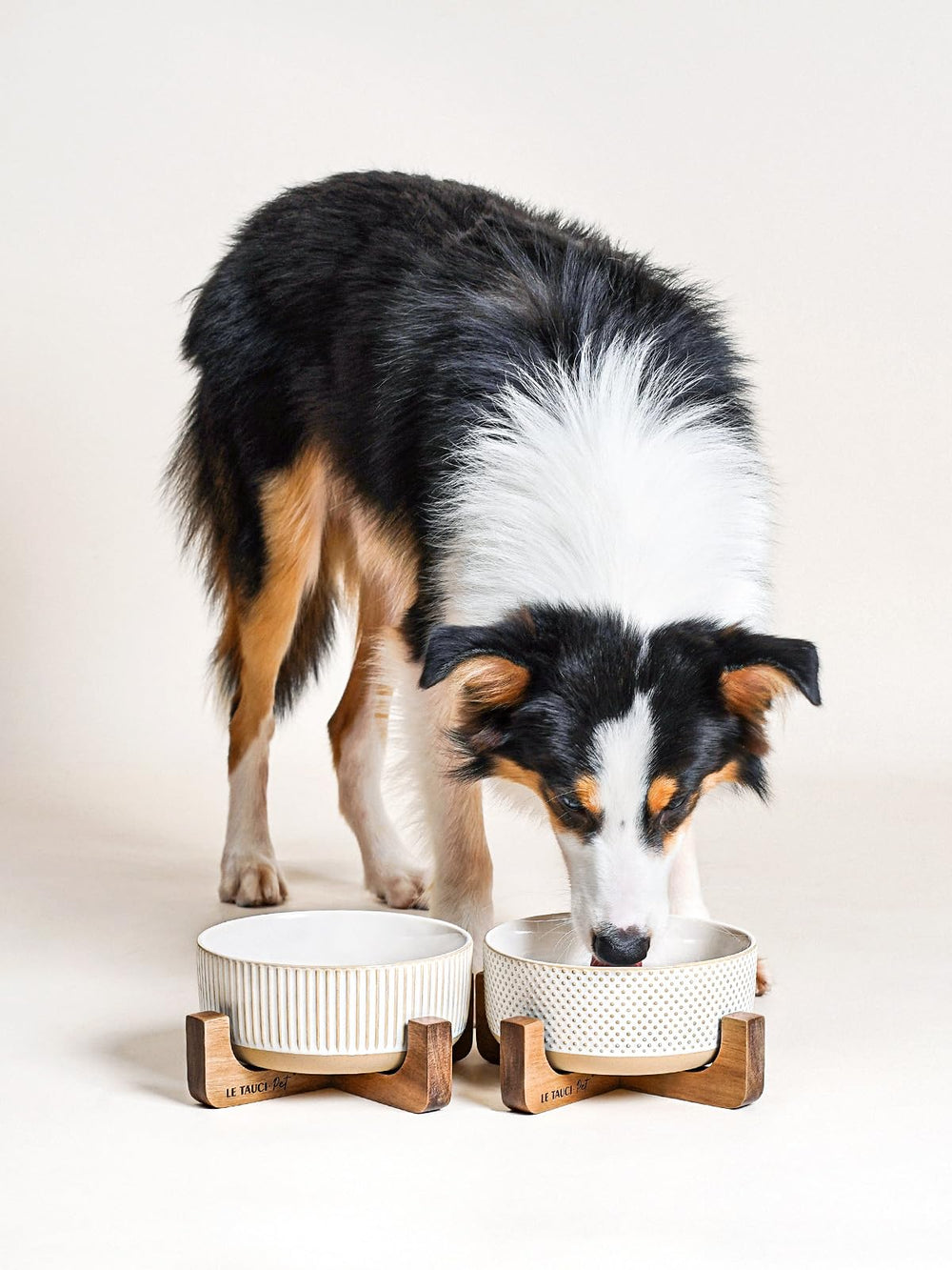 LE TAUCI PET ceramic dog bowls with wood stand front view highlighting farmhouse style