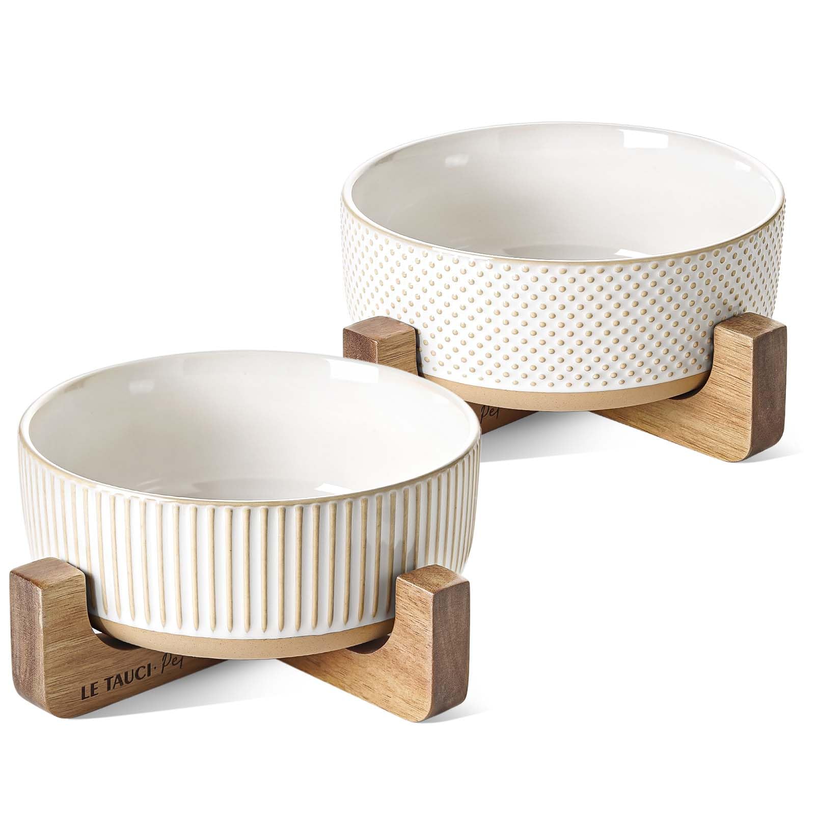 LE TAUCI PET ceramic dog bowls with wood stand side view showing lines and dot pattern for stability
