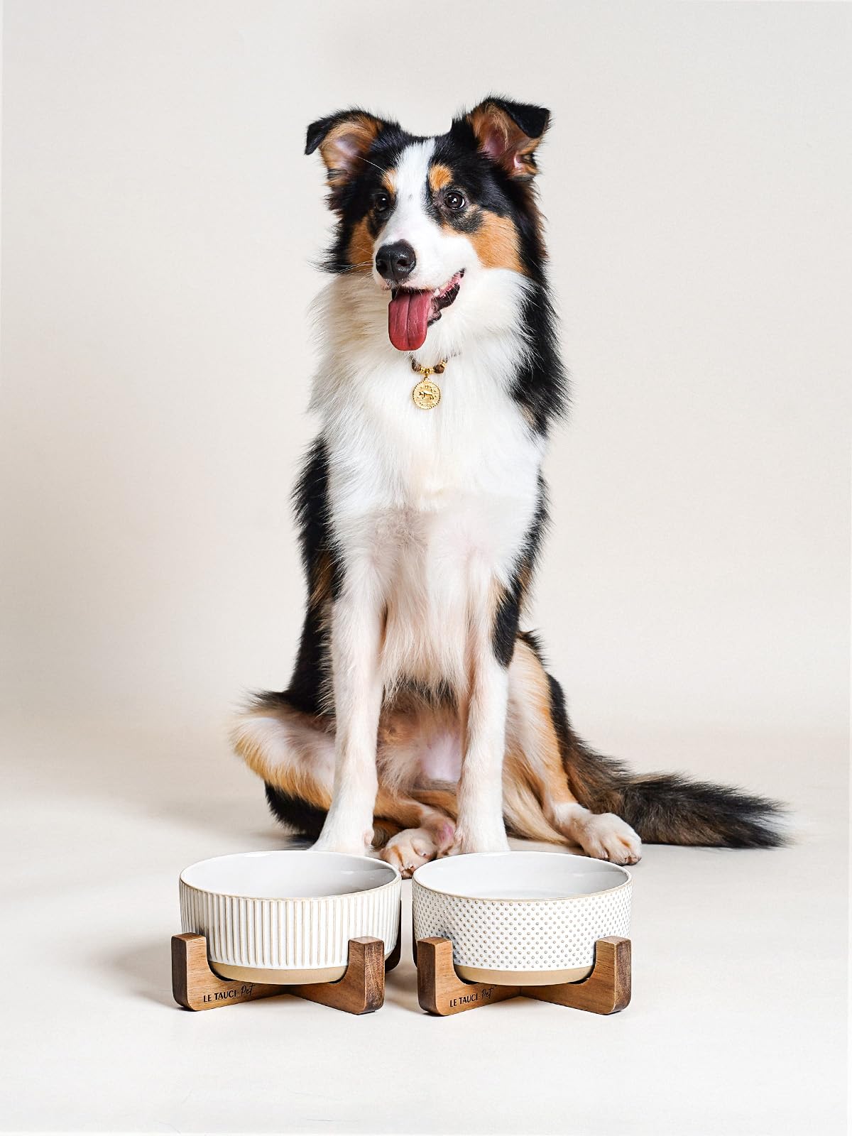 LE TAUCI PET ceramic bowls on wood stand in a tidy dining area