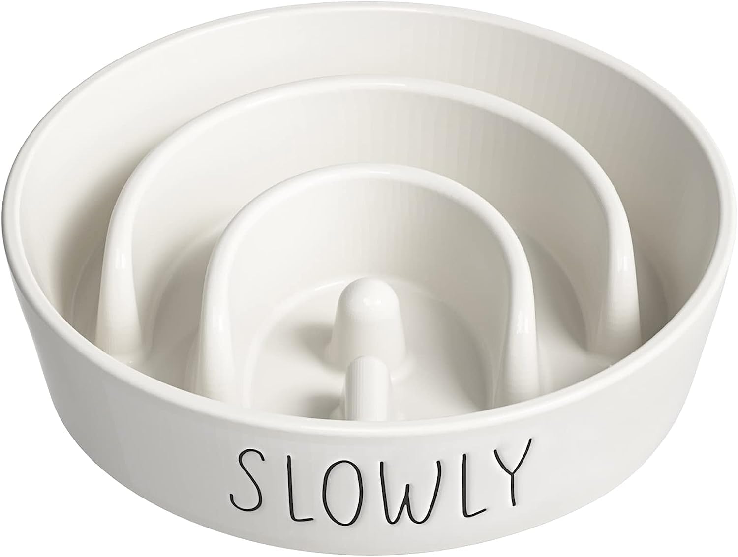 LE TAUCI PET ceramic slow feeder bowl white top view showing maze design to slow feeding