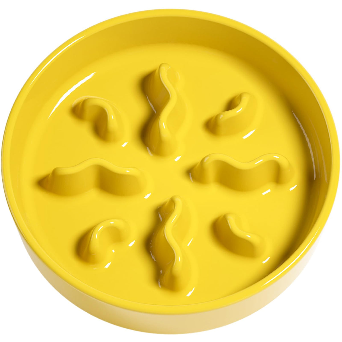 LE TAUCI PET ceramic slow feeder bowl yellow closeup shows ridges to promote slow eating