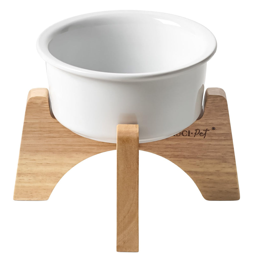 LE TAUCI PET raised ceramic dog bowl with wooden stand enhances comfortable posture.