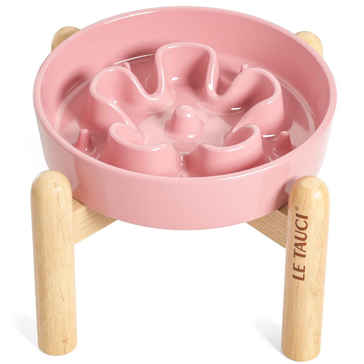 LE TAUCI pink ceramic slow-feed dog bowl for calm eating and easy cleaning.
