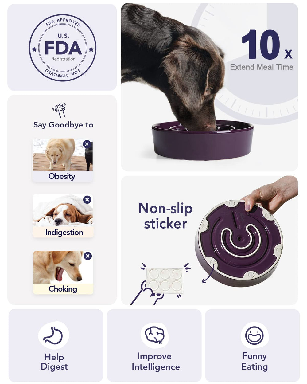 LE TAUCI purple maze bowl sits on non-slip base to prevent mess during feeding.