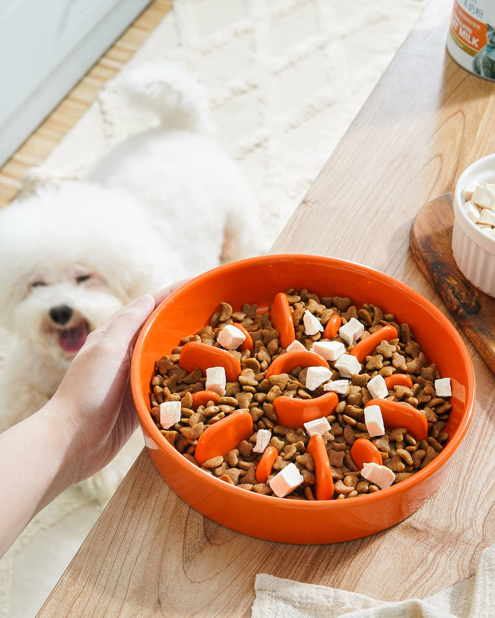 LE TAUCI Sun Orange slow feeder bowl side view highlights non-slip base for mess-free meals.