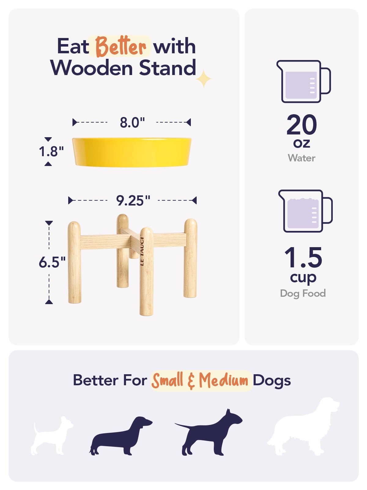 LE TAUCI wooden stand elevates meals for comfortable feeding and improved posture.