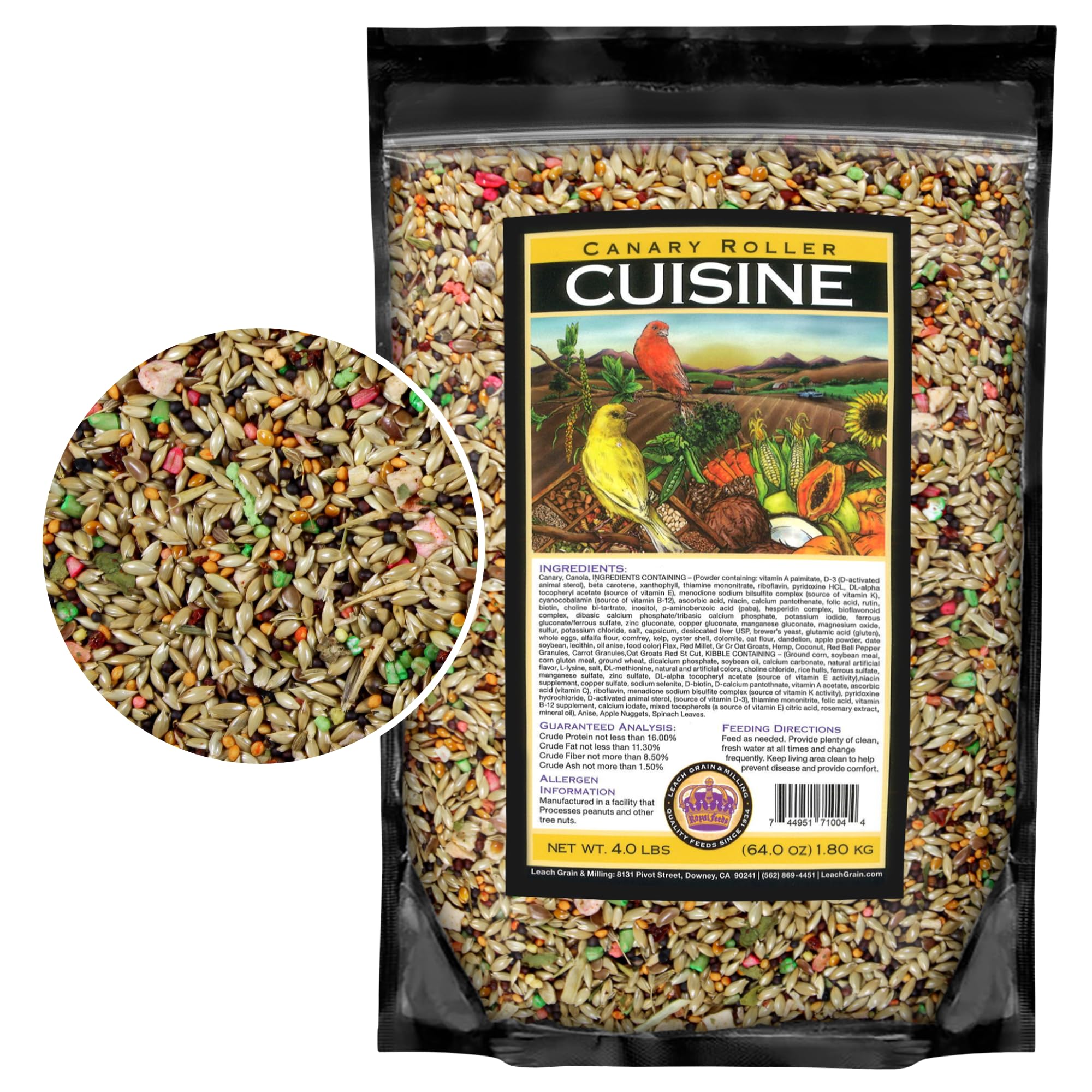 LEACH GRAIN AND MILLING CO Canary Cuisine bag front shows premium bird seed for balanced energy.