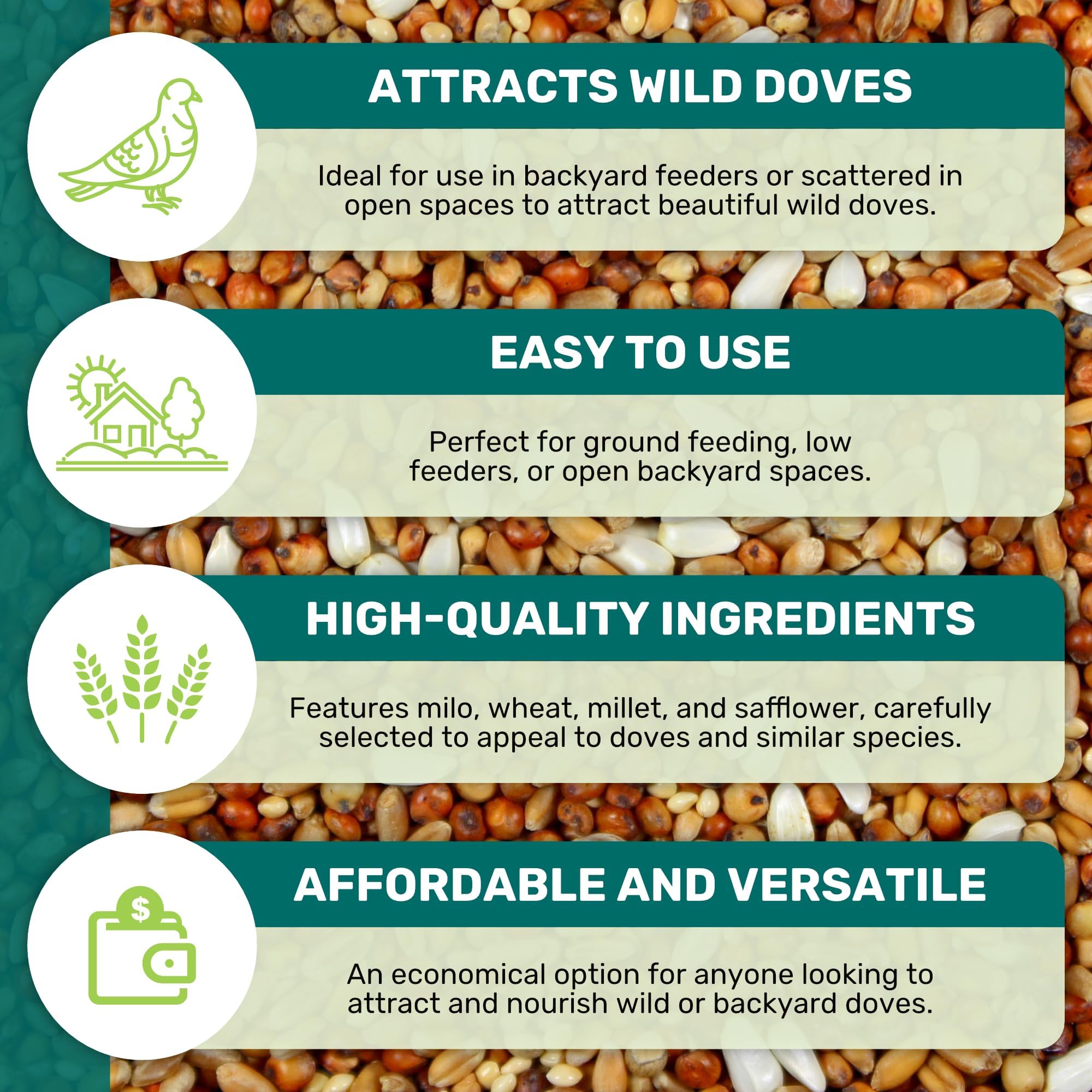 LEACH Dove Mix ingredients millet safflower milo wheat for variety.