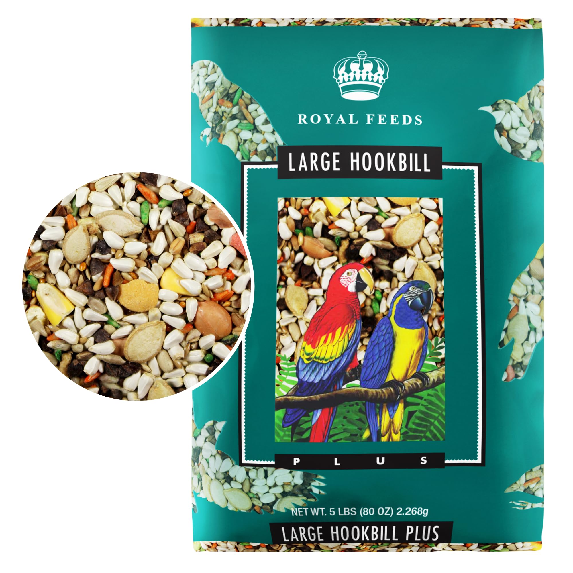 LEACH GRAIN & MILLING CO Large Hookbill Plus bag front highlighting energy-rich seed blend