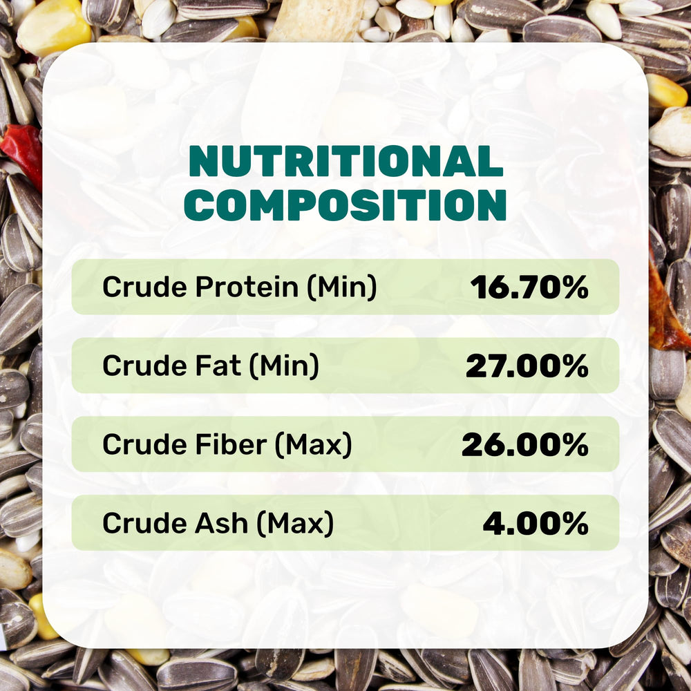 LEACH Parrot Mix bowl closeup highlights glossy feathers and nutrition-ready blend.