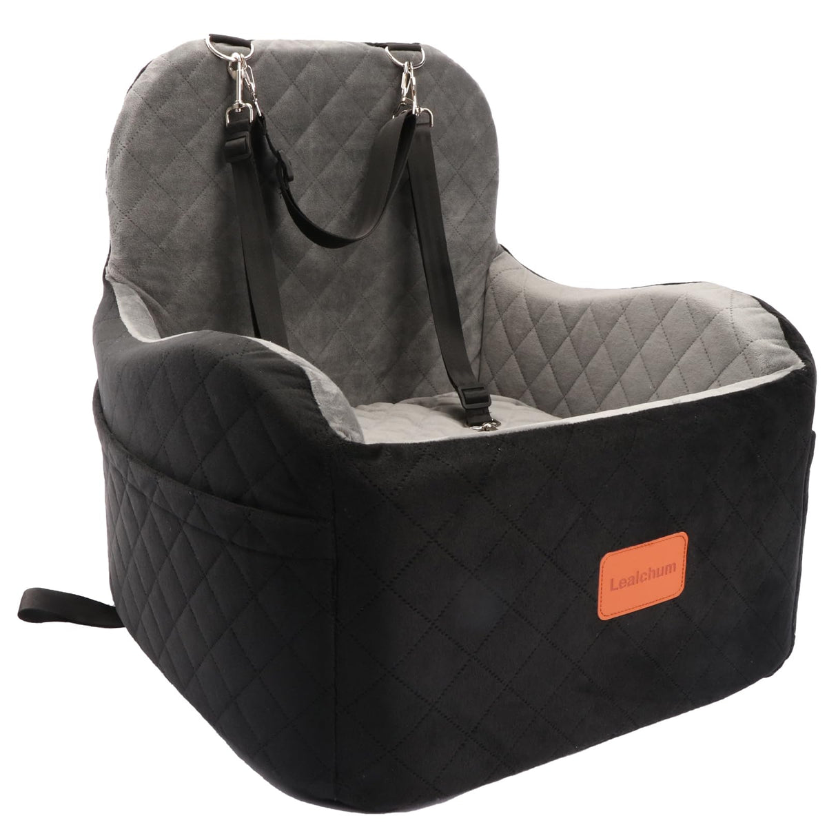 Lealchum dog booster seat car setup demonstrating elevated view for small dogs, more comfortable ride